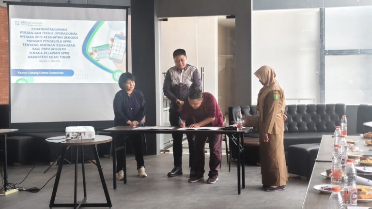640 Relawan Program Gizi Nasional di Kutim Segera Nikmati Layanan BPJS Kesehatan perjanjian kerja sama teknis operasional antara BPJS Kesehatan dan yayasan mitra BGN yang berlangsung di Room Meeting Zenova Hotel, Sangatta, Selasa (12/5/2026).