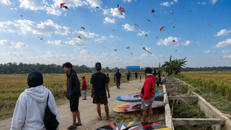 Kopdar pecinta layang layang di hamparan Sawah Rapack Gentong, Mangkurawang Darat, Tenggarong, Sabtu (22/8/ 2026) (Wiryawan)